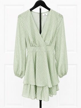 Japna Light Sage Polka Dot Long Sleeve Tiered Dress